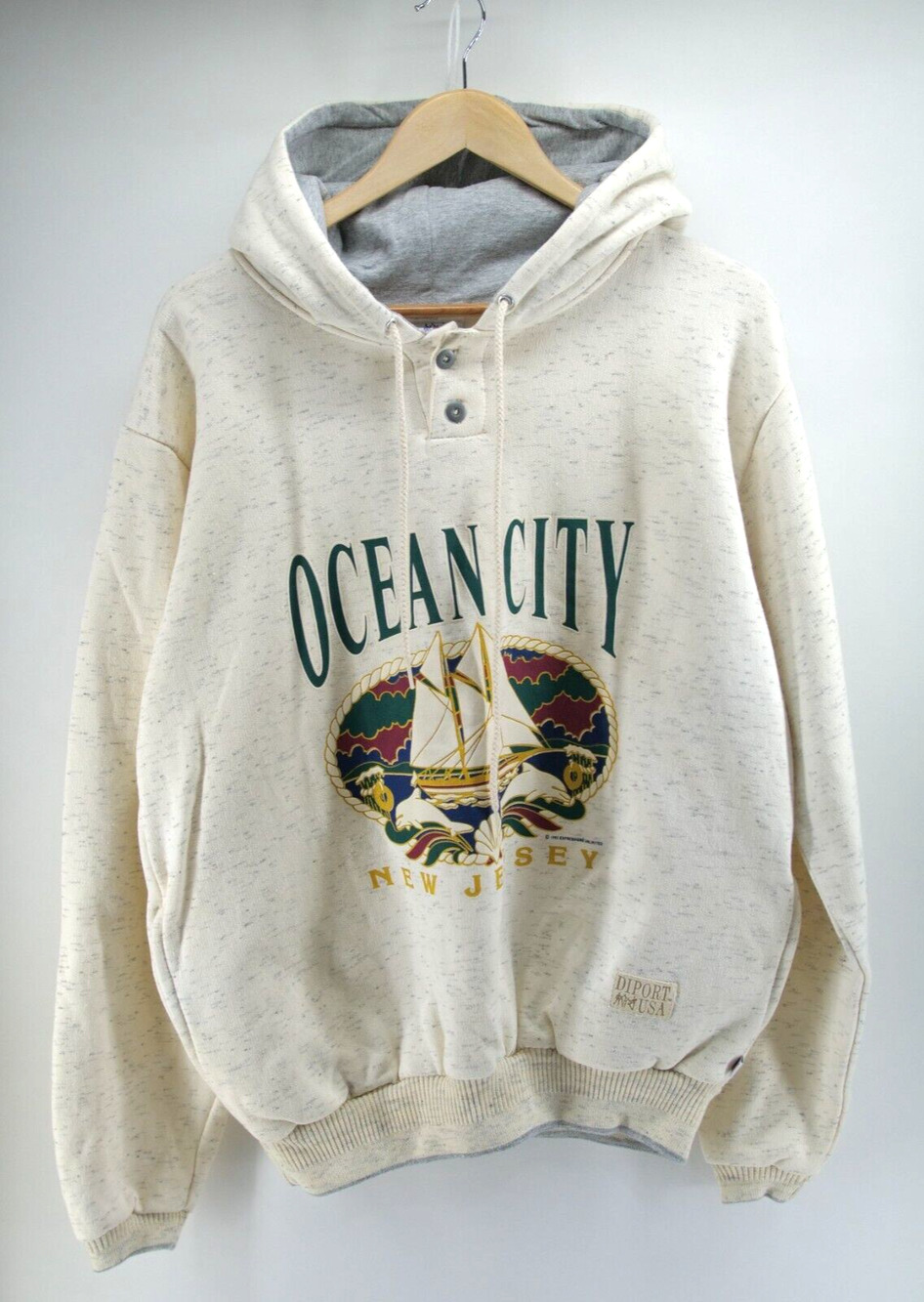 Vintage Diport Made In USA 90s Buttoned Hoodie Sweatshirt Beige Size Medium